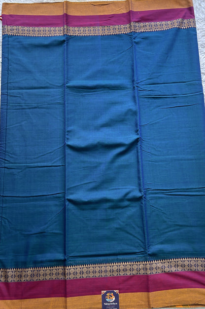 Narayanpet Cotton Saree Peacock Blue Colored Complemented with a Gap Border. - Sampradaya Designer Studio
