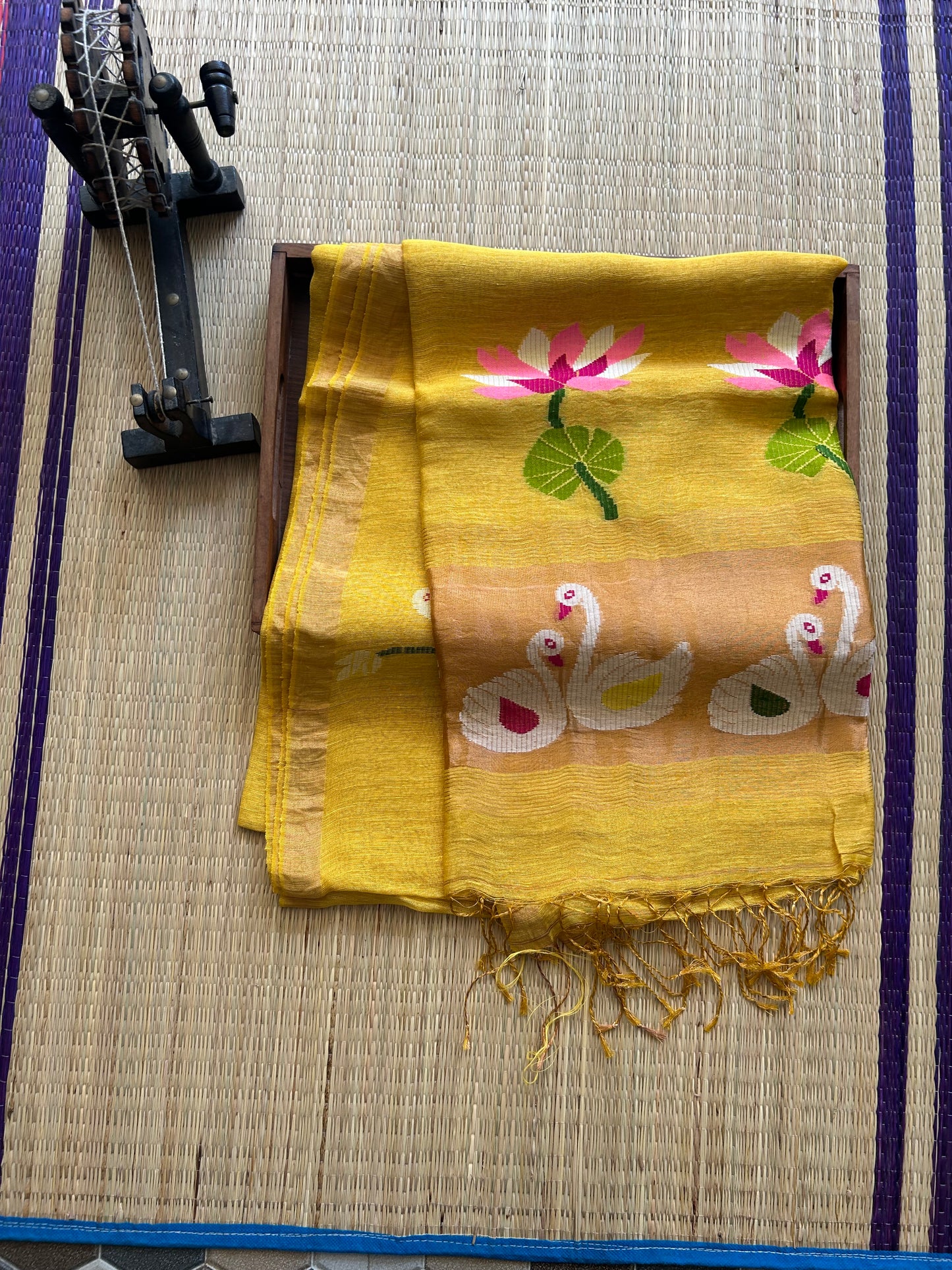 Yellow Pure Tissue Linen Jamdani Saree with Gold Zari Border | Pure Handloom