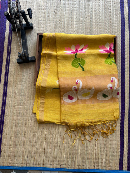 Yellow Pure Tissue Linen Jamdani Saree with Gold Zari Border | Pure Handloom