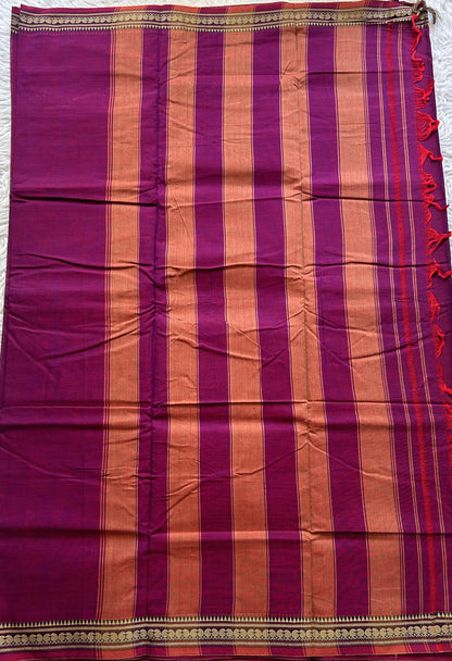 Narayanpet Cotton Saree Dark Purple Colored Complemented with a Thread Border. - Sampradaya Designer Studio