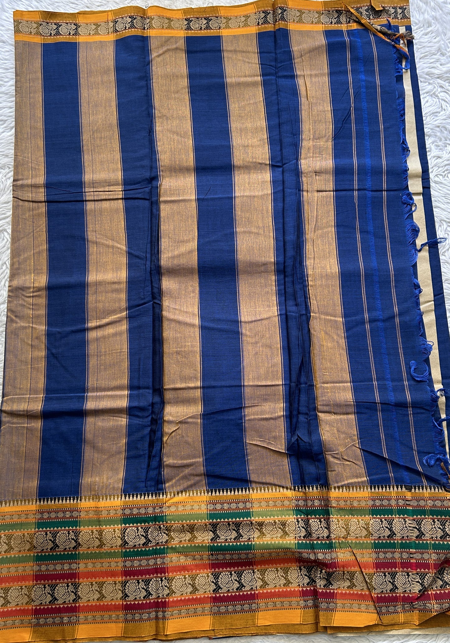 Narayanpet Cotton Saree Carbon Blue Colored Complemented with a Thread Border. - Sampradaya Designer Studio