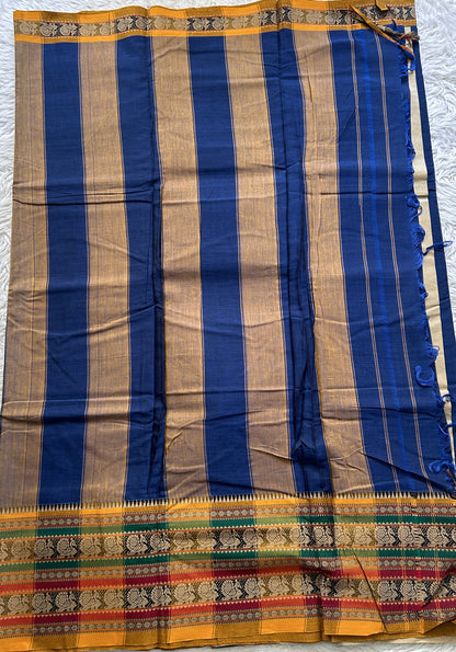 Narayanpet Cotton Saree Carbon Blue Colored Complemented with a Thread Border. - Sampradaya Designer Studio