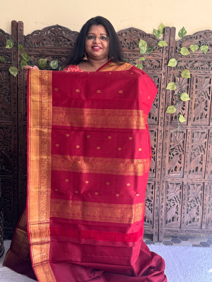 Maroon Pure Kanjivaram Silk Saree | Kaddi Border With Swan & Rudraksha Butta | Handloom | Silk Mark Certified