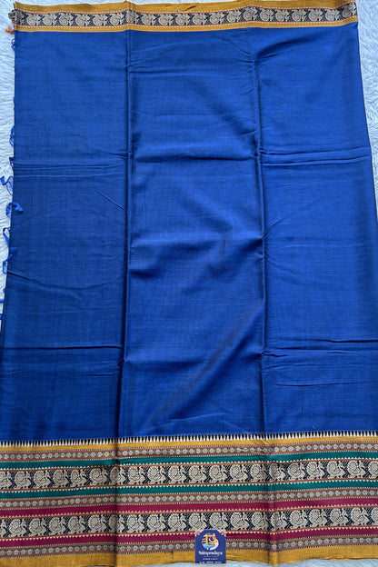 Narayanpet Cotton Saree Carbon Blue Colored Complemented with a Thread Border. - Sampradaya Designer Studio