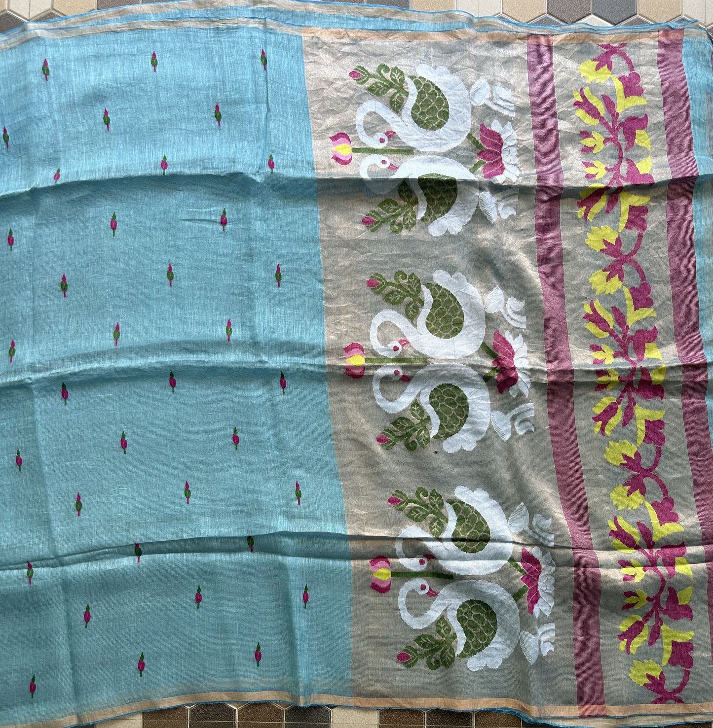 Blue Pure Tissue Linen Jamdani Saree with Gold Zari Border | Pure Handloom