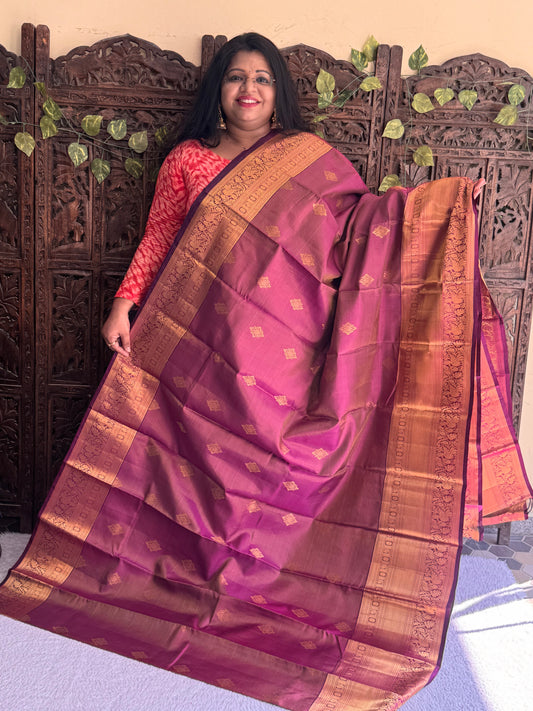 Purple Pure Kanjivaram Silk Saree | Weaving Border With Oosi Lines And Kolam Motif | Handloom | Silk Mark Certified