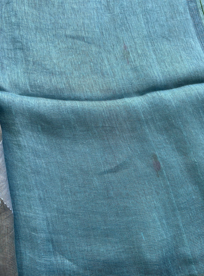 Blue Pure Tissue Linen Jamdani Saree with Gold Zari Border | Pure Handloom