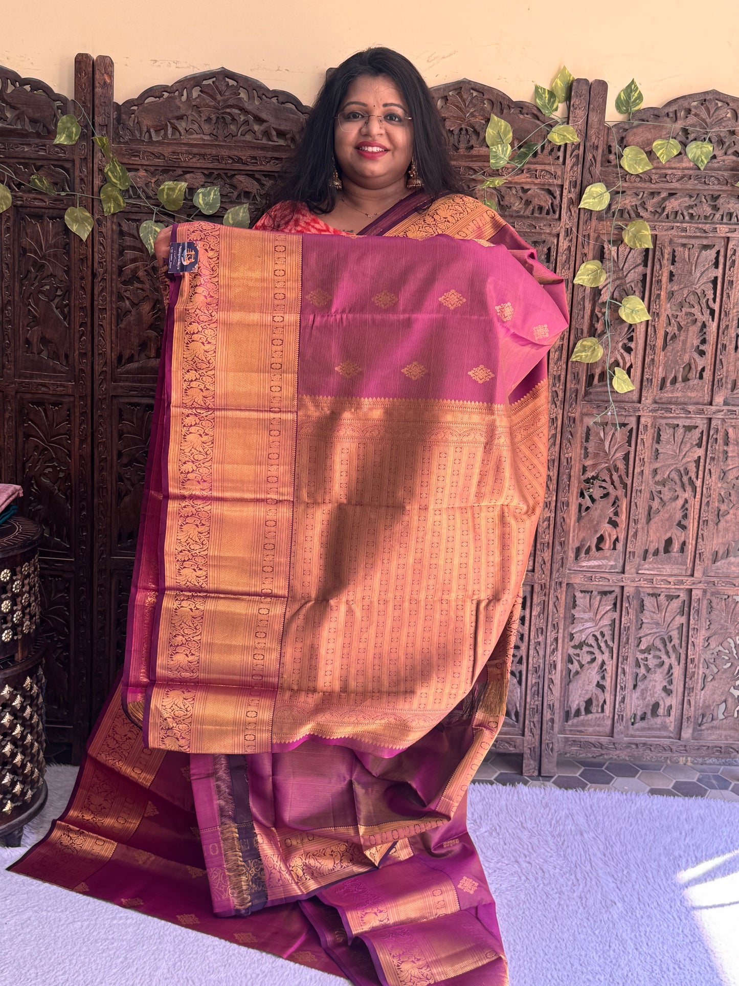 Purple Pure Kanjivaram Silk Saree | Weaving Border With Oosi Lines And Kolam Motif | Handloom | Silk Mark Certified