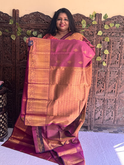 Purple Pure Kanjivaram Silk Saree | Weaving Border With Oosi Lines And Kolam Motif | Handloom | Silk Mark Certified