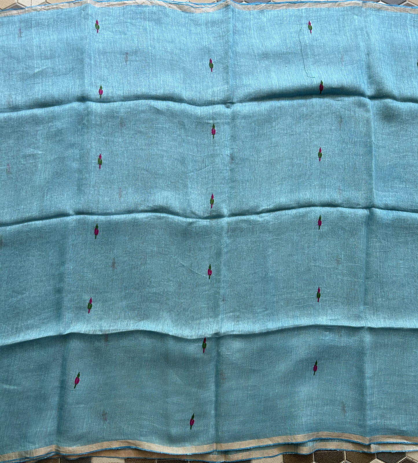 Blue Pure Tissue Linen Jamdani Saree with Gold Zari Border | Pure Handloom
