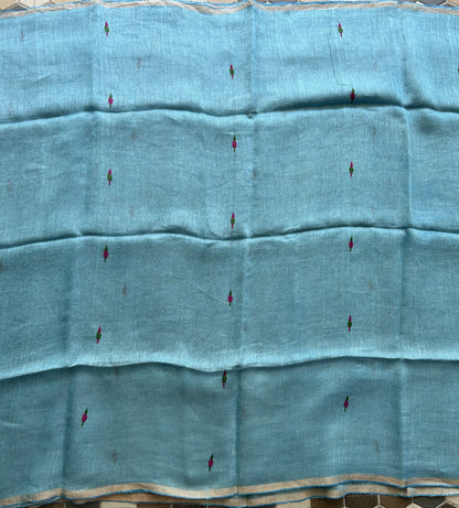 Blue Pure Tissue Linen Jamdani Saree with Gold Zari Border | Pure Handloom
