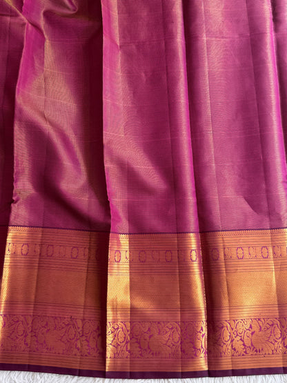 Purple Pure Kanjivaram Silk Saree | Weaving Border With Oosi Lines And Kolam Motif | Handloom | Silk Mark Certified