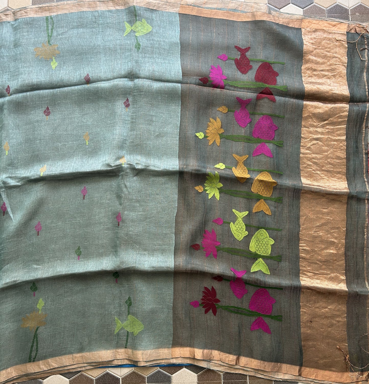 Blueish Gray Pure Tissue Linen Jamdani Saree with Gold Zari Border | Pure Handloom