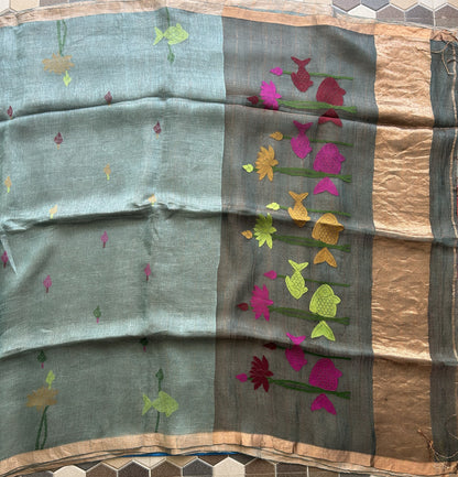 Blueish Gray Pure Tissue Linen Jamdani Saree with Gold Zari Border | Pure Handloom