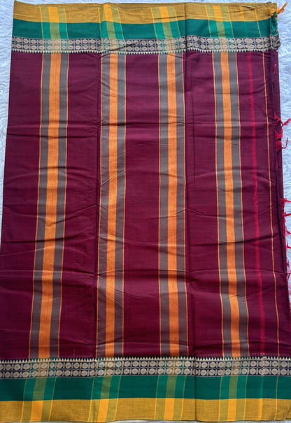 Narayanpet Cotton Saree Dark Maroon Colored Complemented with a Gap Border. - Sampradaya Designer Studio