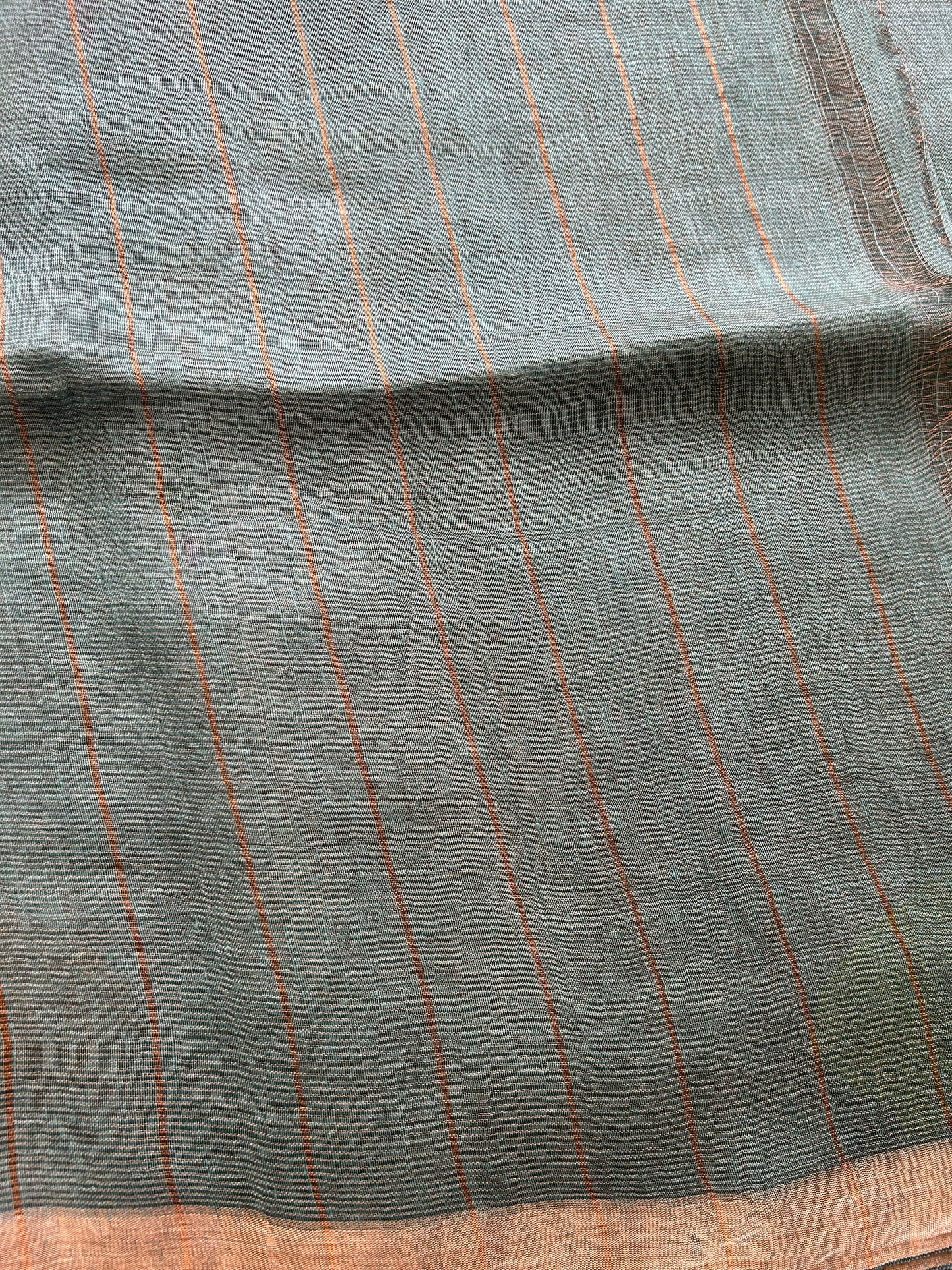 Blueish Gray Pure Tissue Linen Jamdani Saree with Gold Zari Border | Pure Handloom