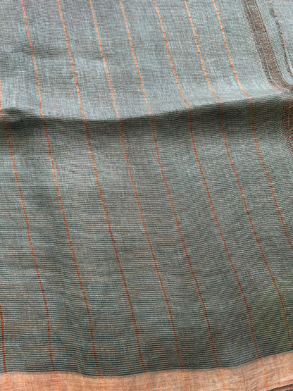 Blueish Gray Pure Tissue Linen Jamdani Saree with Gold Zari Border | Pure Handloom