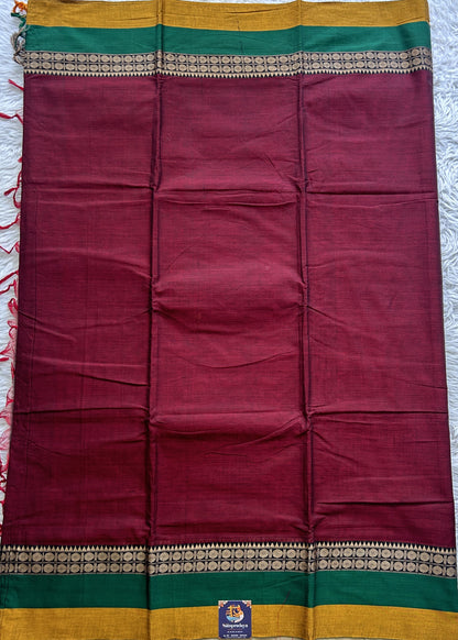 Narayanpet Cotton Saree Dark Maroon Colored Complemented with a Gap Border. - Sampradaya Designer Studio