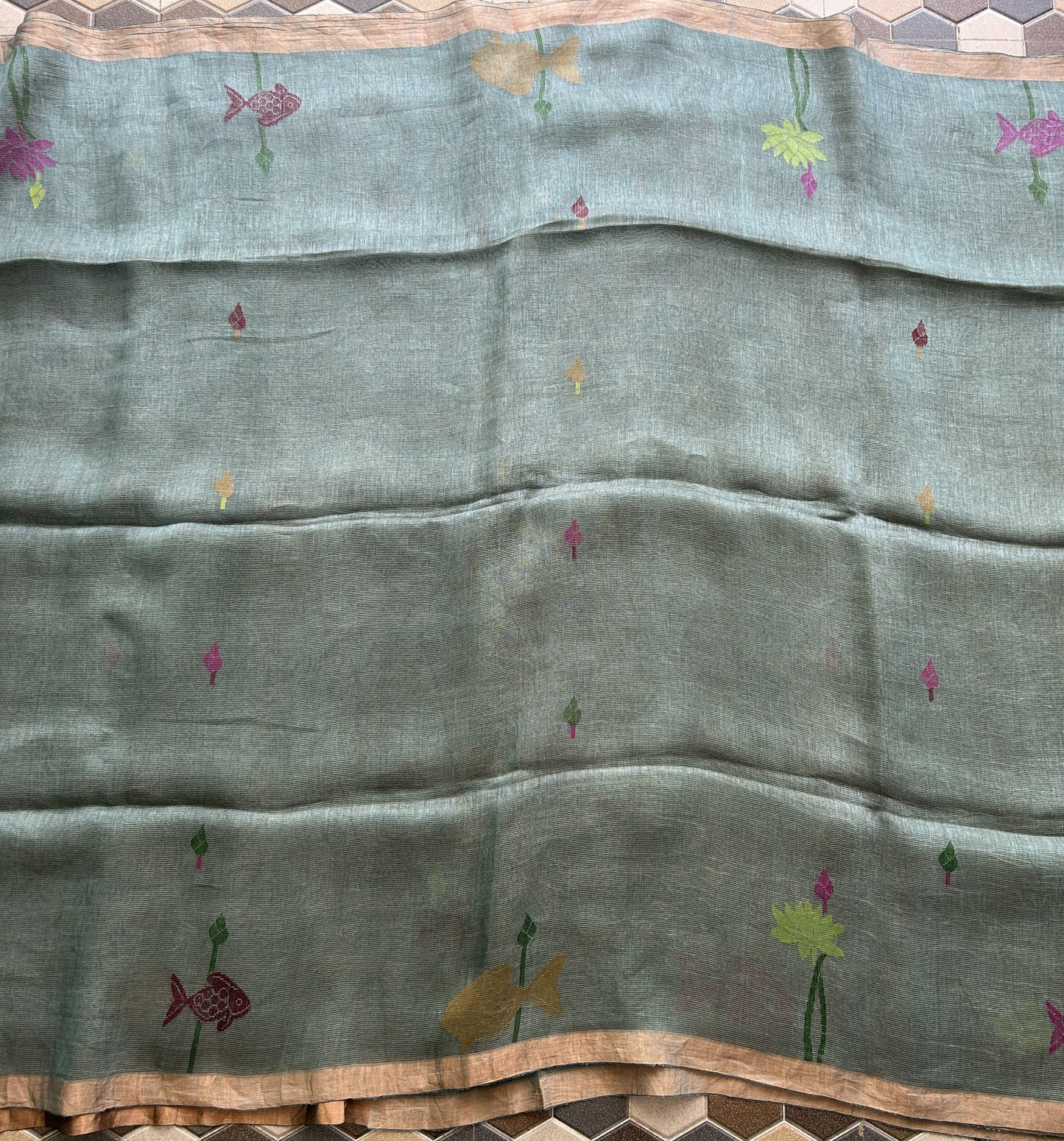 Blueish Gray Pure Tissue Linen Jamdani Saree with Gold Zari Border | Pure Handloom