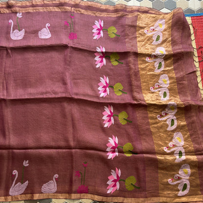 Wine Pure Tissue Linen Jamdani Saree with Gold Zari Border | Pure Handloom