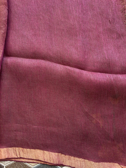 Wine Pure Tissue Linen Jamdani Saree with Gold Zari Border | Pure Handloom