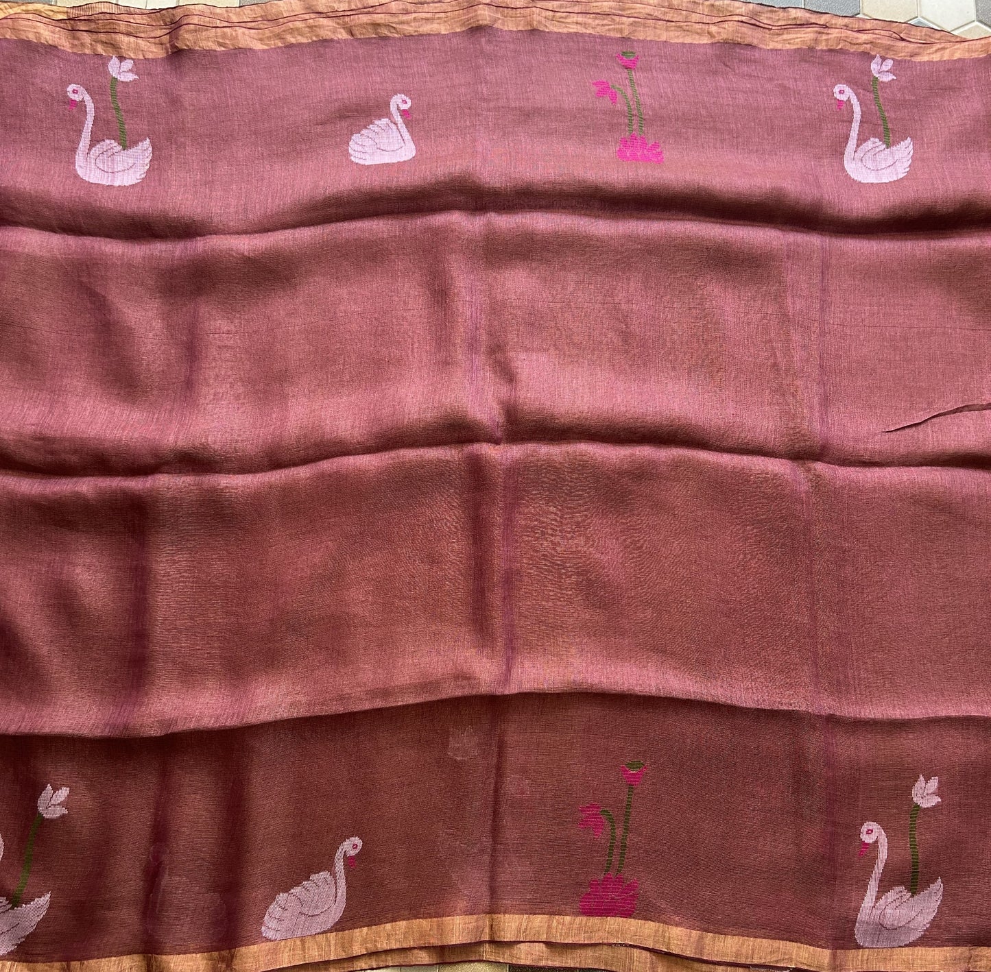 Wine Pure Tissue Linen Jamdani Saree with Gold Zari Border | Pure Handloom