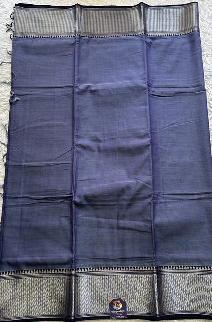 Narayanpet Cotton Saree Ink Blue Colored Complemented with a Thread Border. - Sampradaya Designer Studio