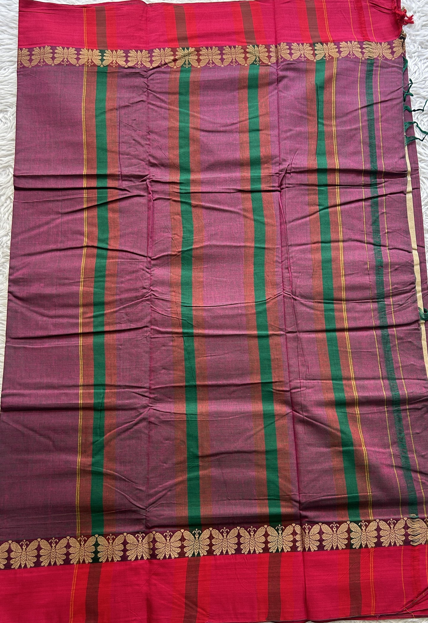 Narayanpet Cotton Saree Wine Colored Complemented with a Thread Border. - Sampradaya Designer Studio