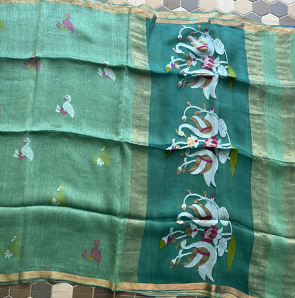Sea Green Pure Tissue Linen Jamdani Saree with Gold Zari Border | Pure Handloom