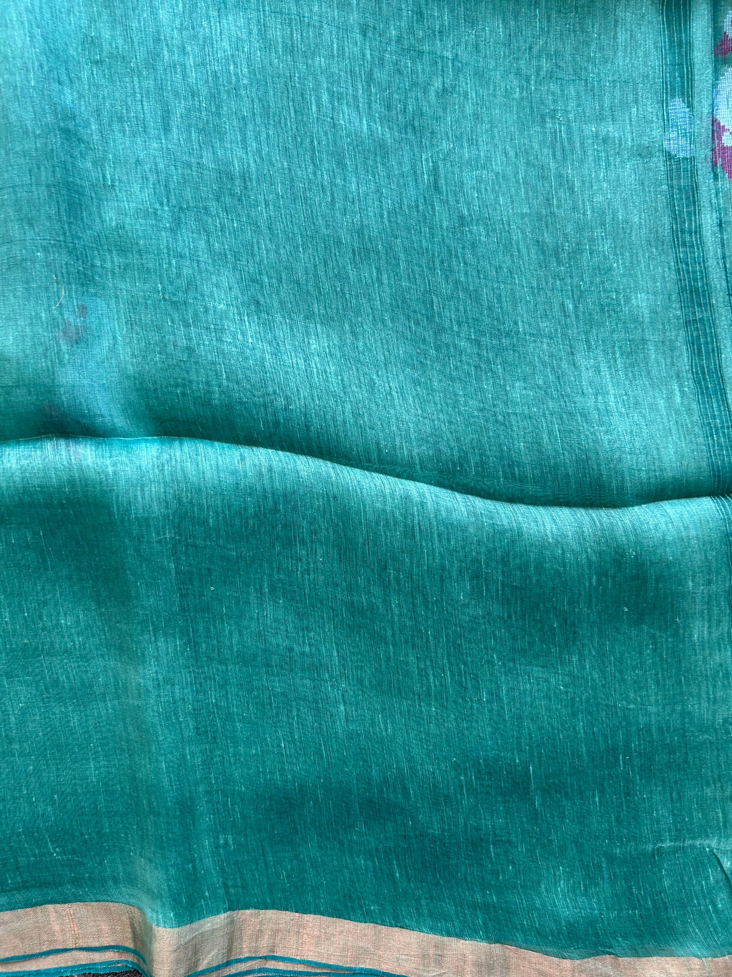 Sea Green Pure Tissue Linen Jamdani Saree with Gold Zari Border | Pure Handloom