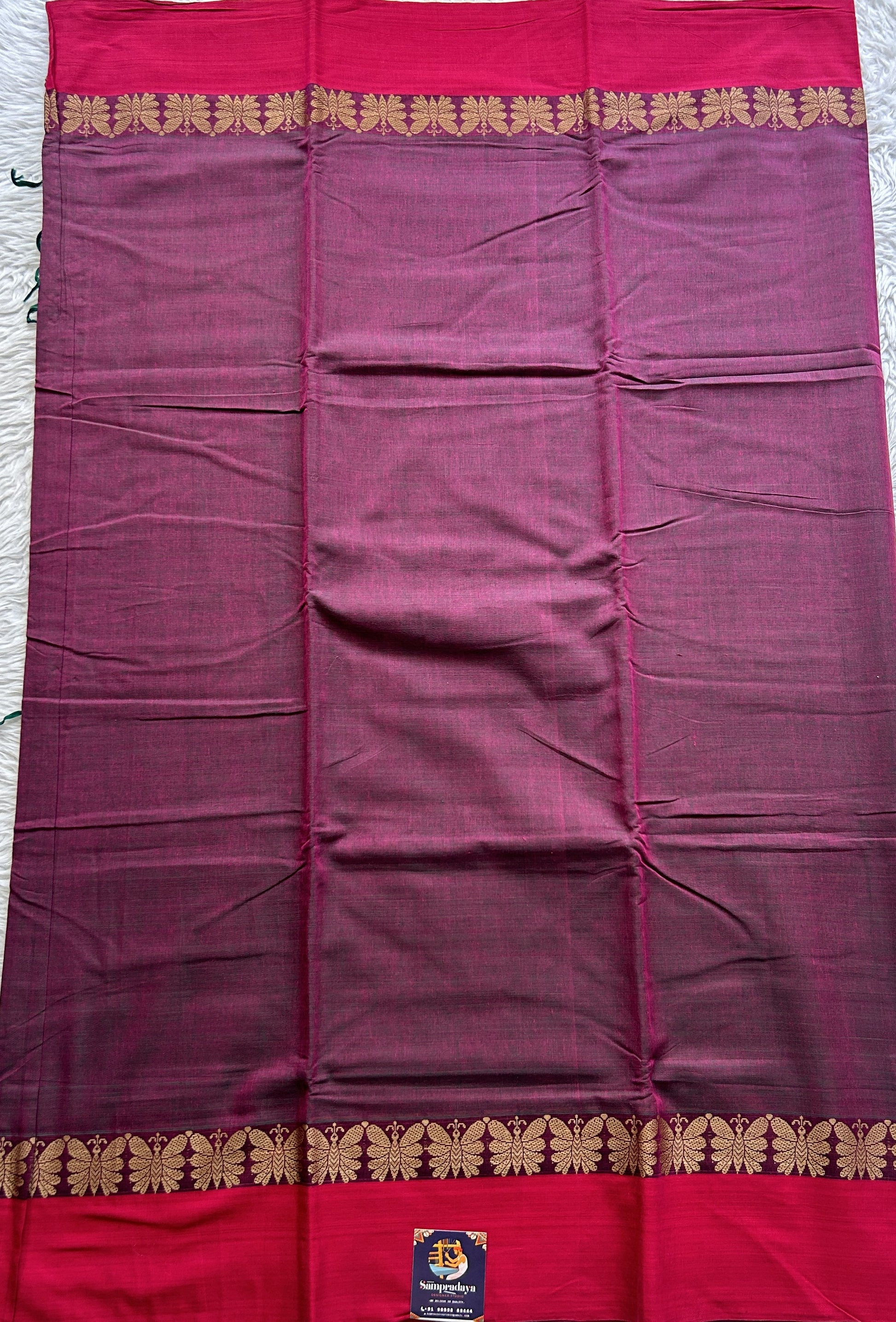 Narayanpet Cotton Saree Wine Colored Complemented with a Thread Border. - Sampradaya Designer Studio