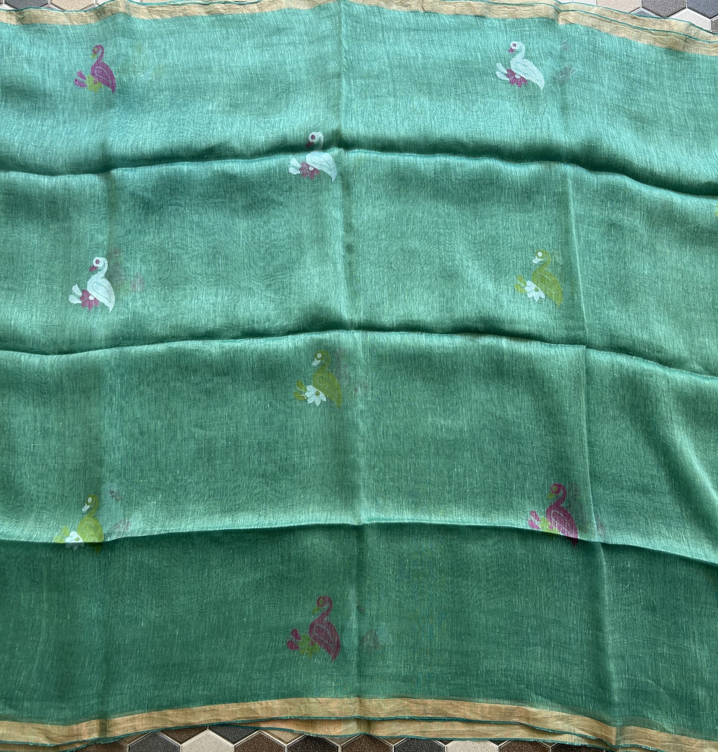 Sea Green Pure Tissue Linen Jamdani Saree with Gold Zari Border | Pure Handloom