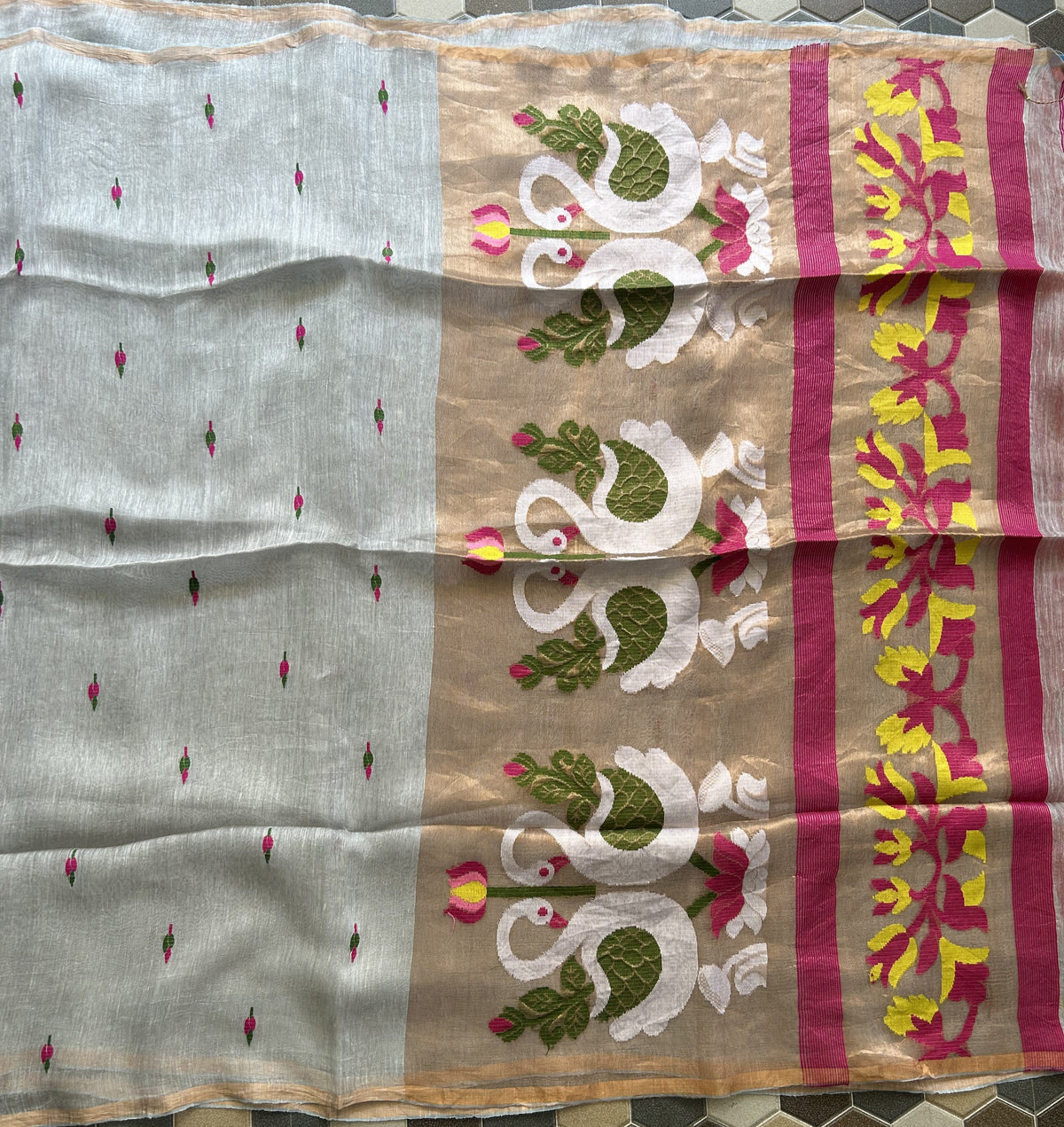 Gray Pure Tissue Linen Jamdani Saree with Gold Zari Border | Pure Handloom