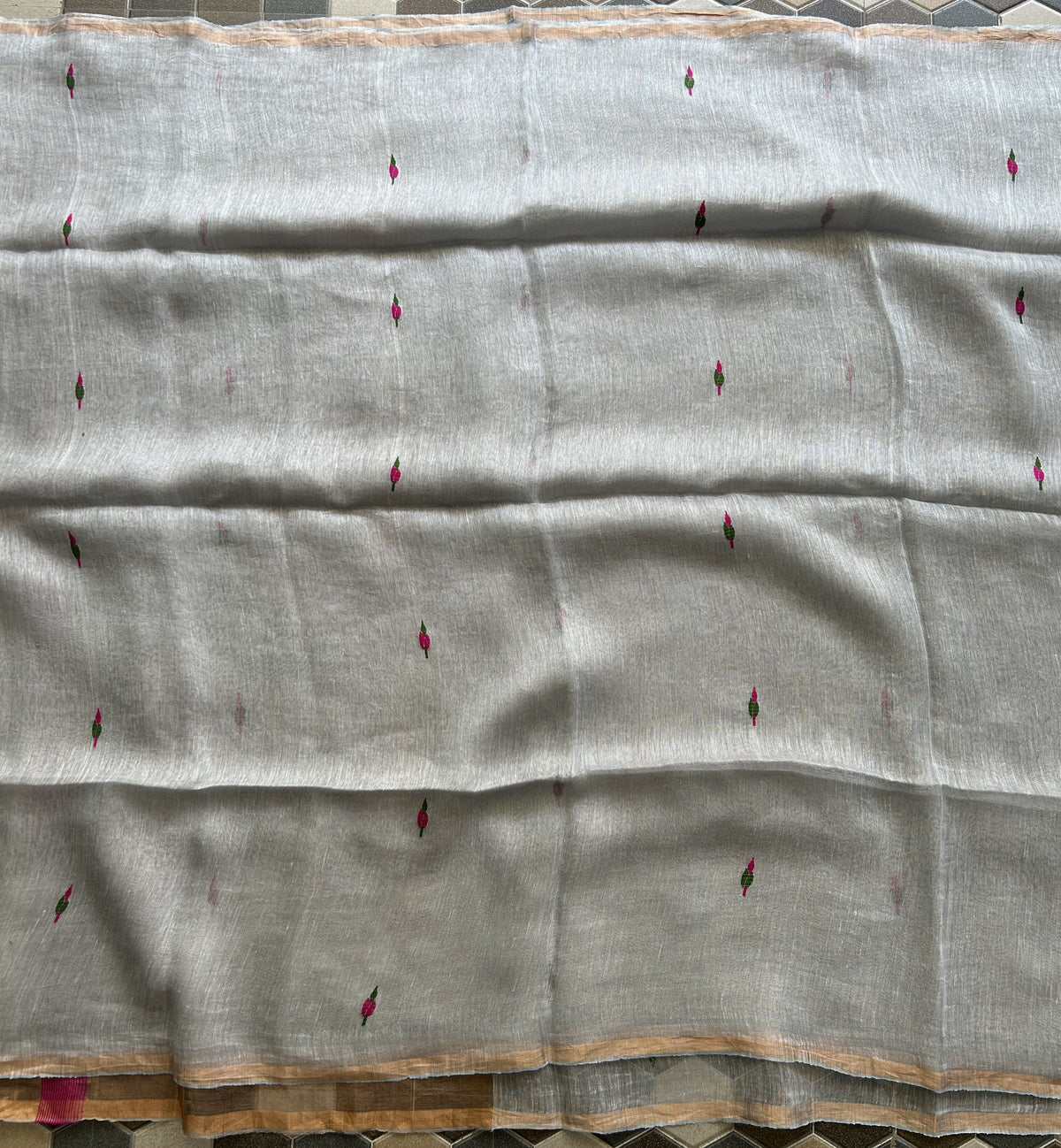 Gray Pure Tissue Linen Jamdani Saree with Gold Zari Border | Pure Handloom
