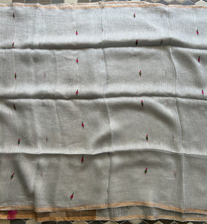 Gray Pure Tissue Linen Jamdani Saree with Gold Zari Border | Pure Handloom