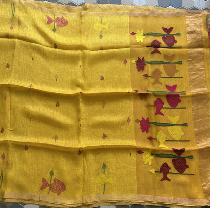 Yellow Pure Tissue Linen Jamdani Saree with Gold Zari Border | Pure Handloom