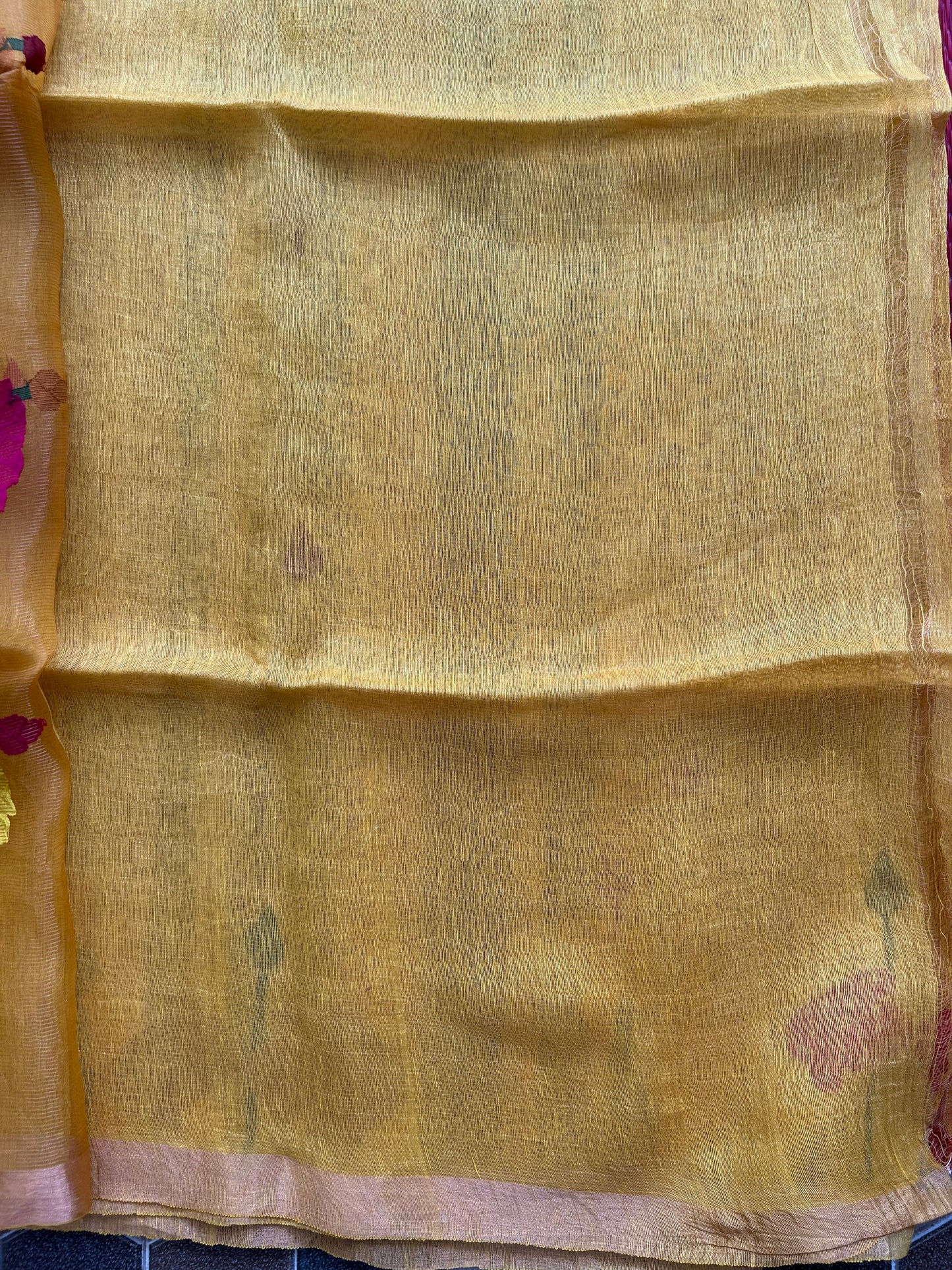 Yellow Pure Tissue Linen Jamdani Saree with Gold Zari Border | Pure Handloom