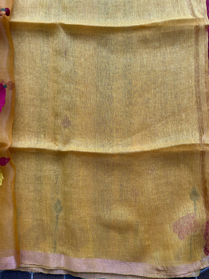 Yellow Pure Tissue Linen Jamdani Saree with Gold Zari Border | Pure Handloom