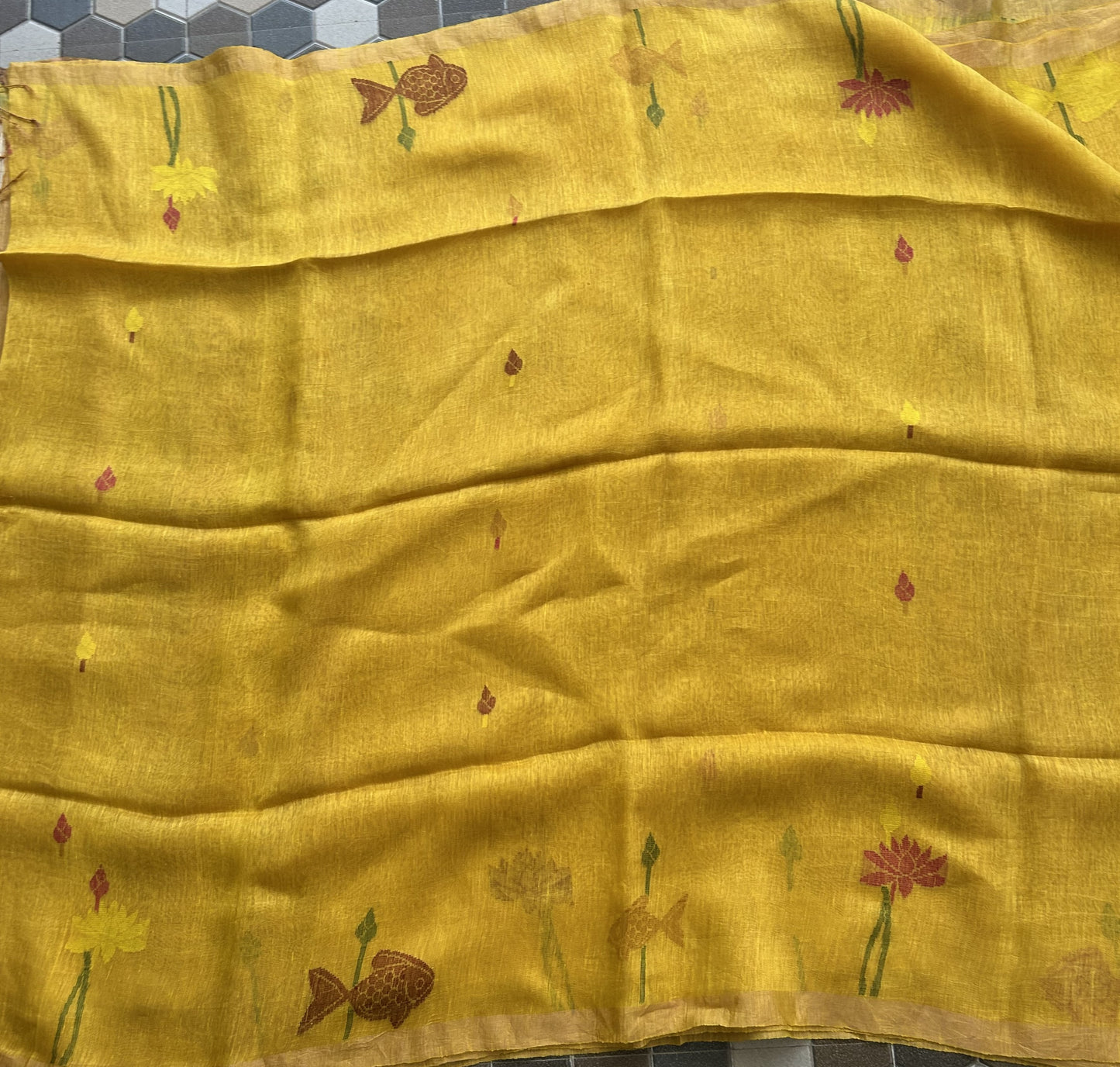 Yellow Pure Tissue Linen Jamdani Saree with Gold Zari Border | Pure Handloom