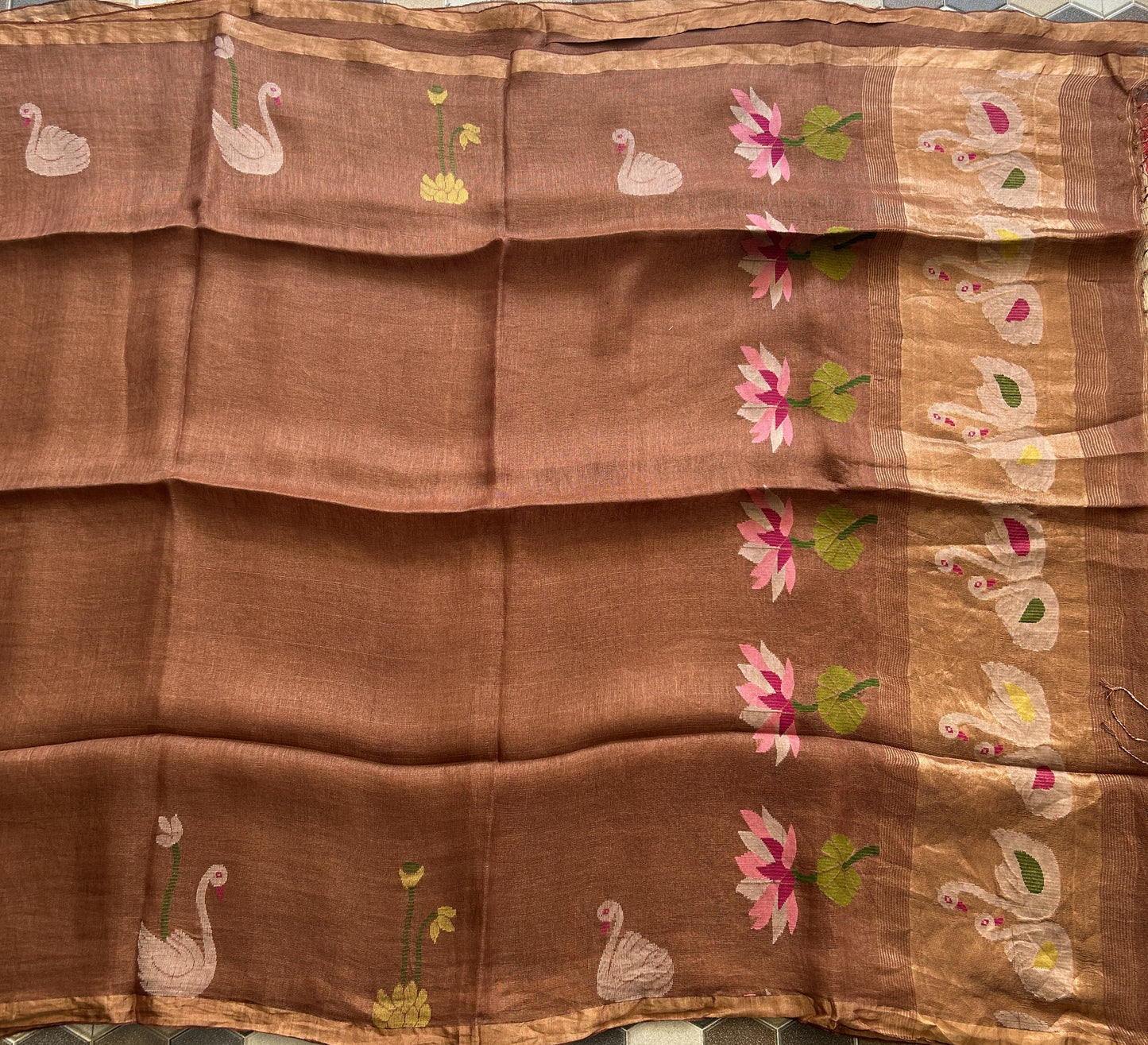 Brown Pure Tissue Linen Jamdani Saree with Gold Zari Border | Pure Handloom