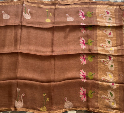 Brown Pure Tissue Linen Jamdani Saree with Gold Zari Border | Pure Handloom