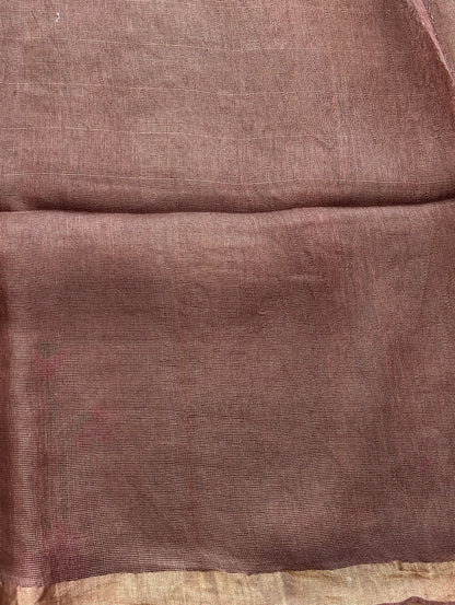 Brown Pure Tissue Linen Jamdani Saree with Gold Zari Border | Pure Handloom