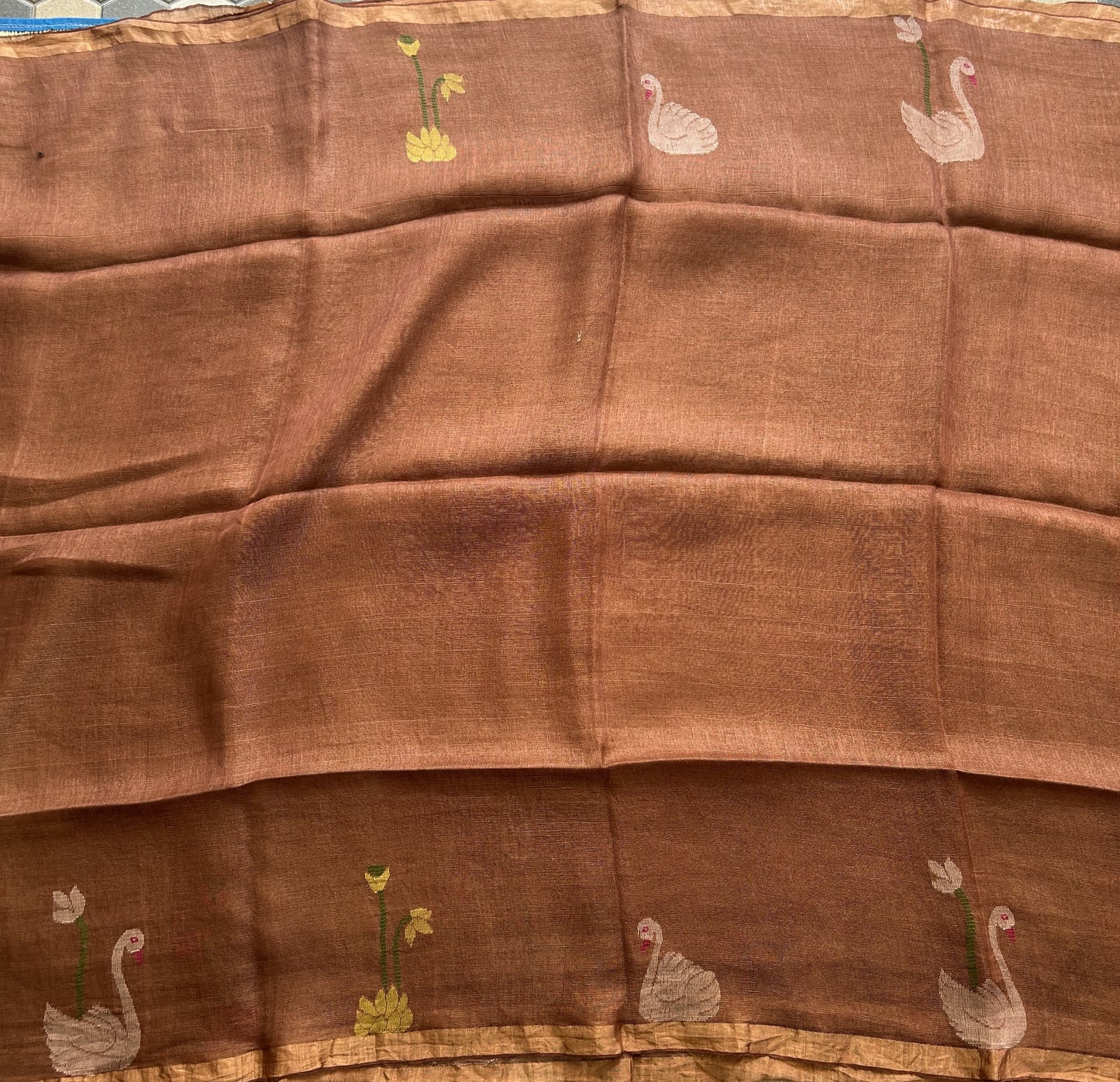 Brown Pure Tissue Linen Jamdani Saree with Gold Zari Border | Pure Handloom