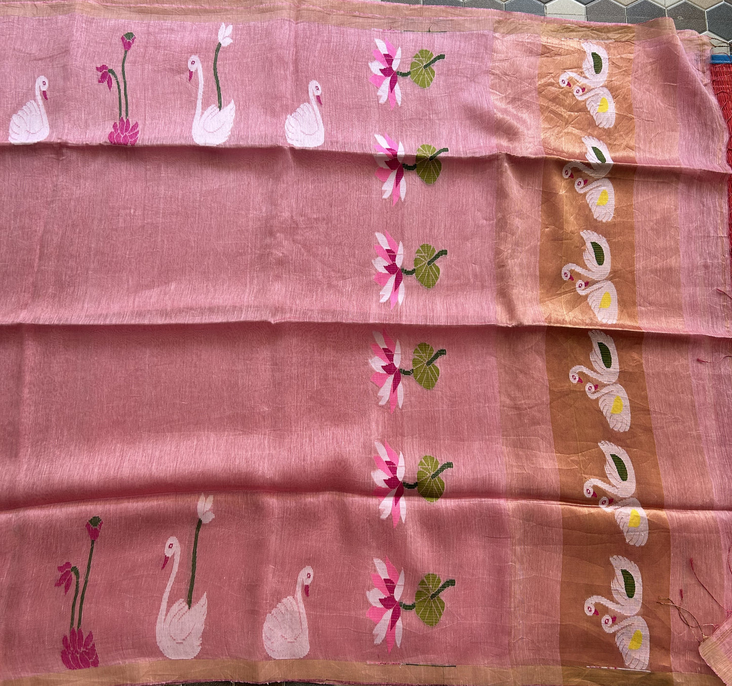 Light Pink Pure Tissue Linen Jamdani Saree with Gold Zari Border | Pure Handloom