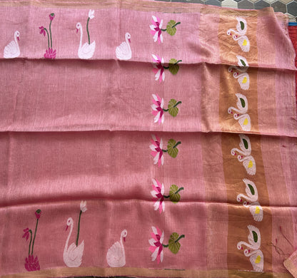 Light Pink Pure Tissue Linen Jamdani Saree with Gold Zari Border | Pure Handloom