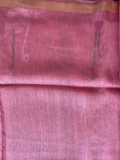 Light Pink Pure Tissue Linen Jamdani Saree with Gold Zari Border | Pure Handloom