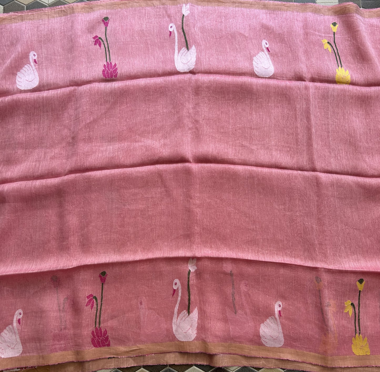 Light Pink Pure Tissue Linen Jamdani Saree with Gold Zari Border | Pure Handloom