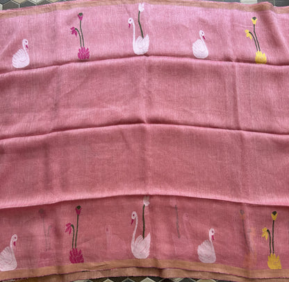 Light Pink Pure Tissue Linen Jamdani Saree with Gold Zari Border | Pure Handloom
