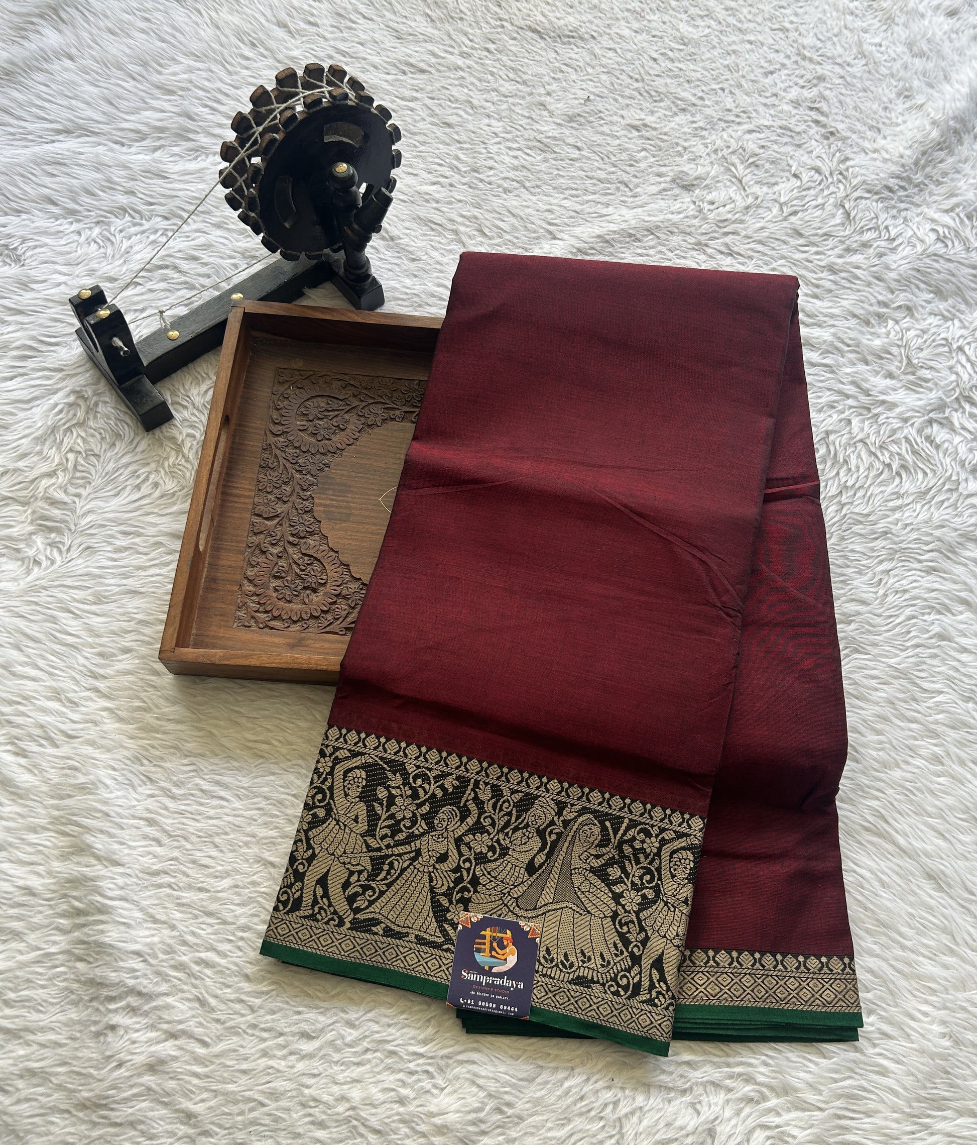 Narayanpet Cotton Saree Maroon Colored Complemented with a Black Thread Border. - Sampradaya Designer Studio