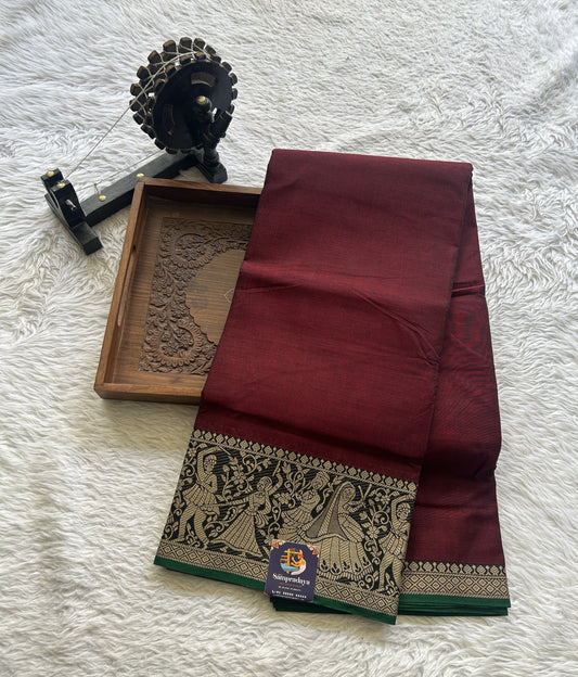 Narayanpet Cotton Saree Maroon Colored Complemented with a Black Thread Border. - Sampradaya Designer Studio